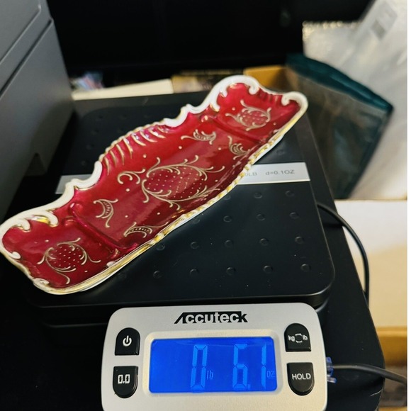 Red & Gold Decorative Tray Vanity Dresser Trinket Dish Hollywood Regency RARE - Picture 6 of 6